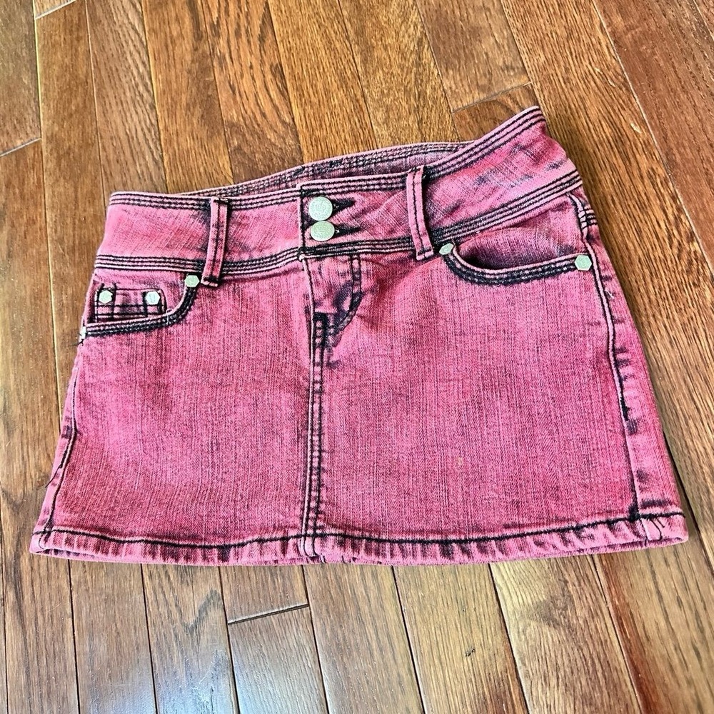 Vintage Y2K YOUNIQUE Red Denim Acid Wash Micro Mini Skirt Silver Hardware XS